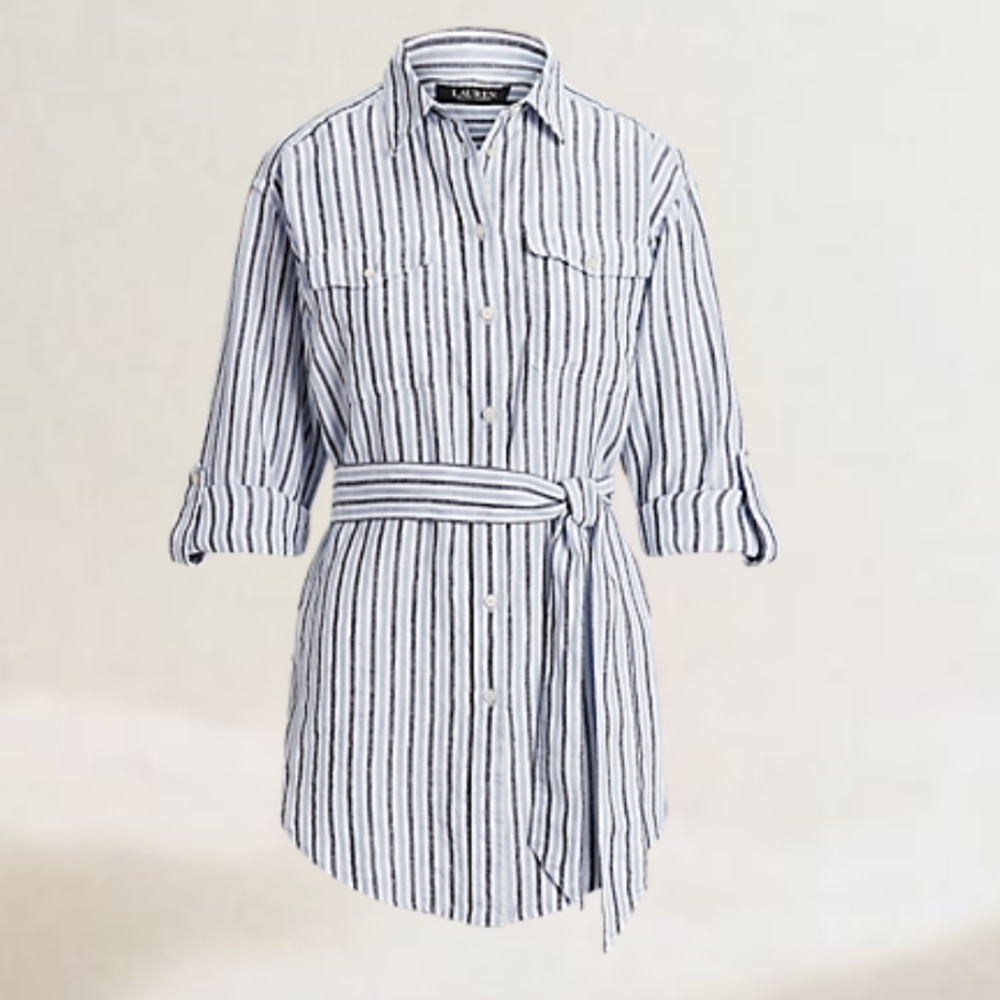 Ralph Lauren BLACK Label Striped Belted Linen Shirt Women's XL NEW Blue Stripes